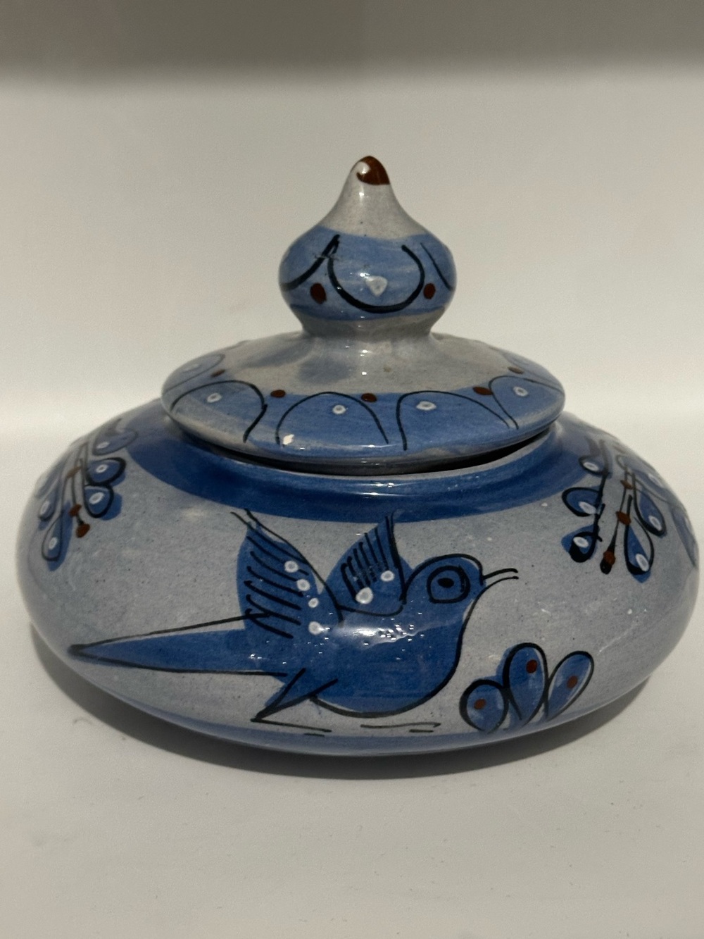 Hand-Painted Blue Bird Ceramic Lidded Trinket Jar   Mexico